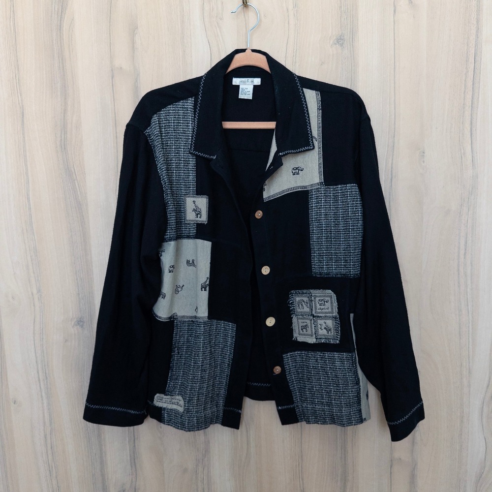 Vintage Natalie & Me Silk Patchwork Jacket Large Black Animal Safari Boho Artsy